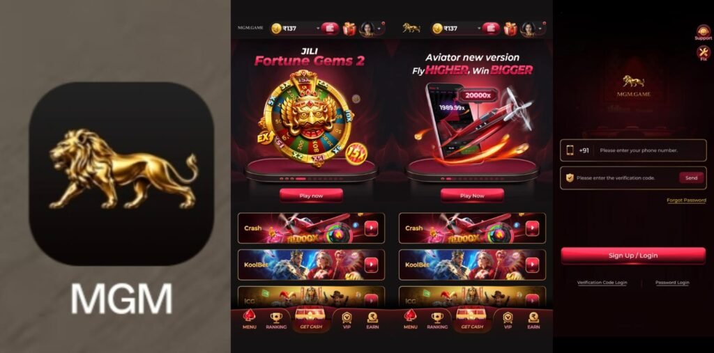 MGM Game app gallery featuring the golden lion logo, home screen, casino games, Aviator game, Fortune Gems, and secure login page.